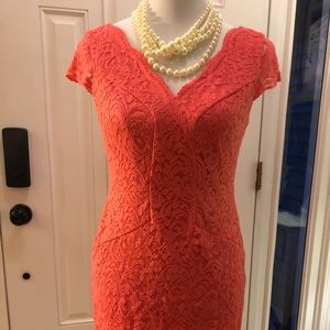 Coral vneck lace dress.